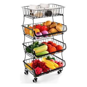 Fruit Vegetable Storage Basket for Kitchen - 4 tier Stackable Metal Wire Baskets Cart with Rolling Wheels Utility Fruits Rack Produce Snack Organizer