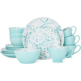 Venice 16-Piece Stoneware Dinnerware Set, Service for 4, Aqua/White -