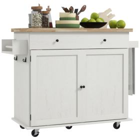 HOMCOM Kitchen Island with Storage, Farmhouse Rolling Kitchen Island Cart on Wheels with Drawer, 2 Cabinets, Rubberwood Top, Spice Rack