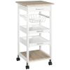 HOMCOM Mobile Kitchen Cart, Rolling Kitchen Island with Storage, Solid Wood Frame Utility Cart with Wire Fruit Baskets, Trays and Drawer, White