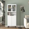 Tall Storage Show Cabinet with 2 Glass Display Door & 2 Doors, Tall Kitchen Pantry Cabinet with Gold Handles, Modern Cabinet Freestanding for Bathroom