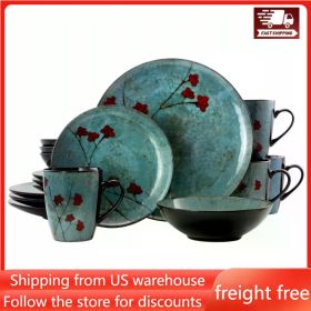 Floral Accents 16 Piece Stoneware Dinnerware Set in Blue Free Shipping Dinner Plates Set Ceramic Dishes to Eat Food Plate Dish