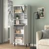 Tall Storage Show Cabinet with 2 Glass Display Door & 2 Doors, Tall Kitchen Pantry Cabinet with Gold Handles, Modern Cabinet Freestanding for Bathroom