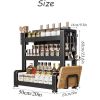 Kitchen Seasoning Rack, 3 Tier Tableware Holder for Countertops,Cutlery Organizer with Cutting Board & Lid Pot,Kitchen Storage Shelf with Hooks,Black