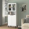 Tall Storage Show Cabinet with 2 Glass Display Door & 2 Doors, Tall Kitchen Pantry Cabinet with Gold Handles, Modern Cabinet Freestanding for Bathroom