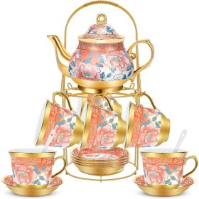 20 Pieces Porcelain Tea Set for Adults with Metal Holder European Ceramic Tea Set Cup Saucer Gold Plated Ceramic Tea Set (Color: Attractive)