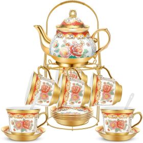 20 Pieces Porcelain Tea Set for Adults with Metal Holder European Ceramic Tea Set Cup Saucer Gold Plated Ceramic Tea Set (Color: Classic)