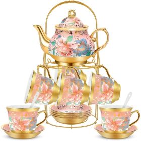 20 Pieces Porcelain Tea Set for Adults with Metal Holder European Ceramic Tea Set Cup Saucer Gold Plated Ceramic Tea Set (Color: Fresh)