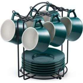 Espresso Cups Set with Saucers and Metal Stand Coffee Cup Set of 6 4 oz Cappuccino Cups Teacup for Tea Party (Color: Dark Green-4.0Ounces)