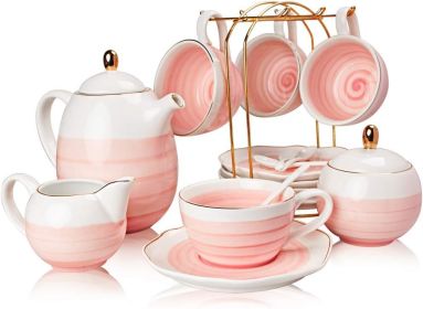 Porcelain Tea Sets, 8 OZ Cups & Saucer Service for 4, Teapot Sugar Bowl Cream Pitcher Teaspoons and Tea Strainer, Teaware Sets (Color: Pink)