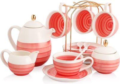 Porcelain Tea Sets, 8 OZ Cups & Saucer Service for 4, Teapot Sugar Bowl Cream Pitcher Teaspoons and Tea Strainer, Teaware Sets (Color: Red)