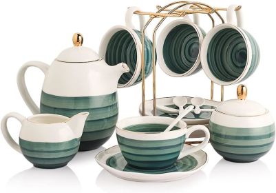 Porcelain Tea Sets, 8 OZ Cups & Saucer Service for 4, Teapot Sugar Bowl Cream Pitcher Teaspoons and Tea Strainer, Teaware Sets (Color: Jade)