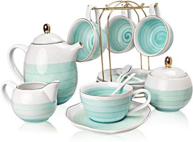 Porcelain Tea Sets, 8 OZ Cups & Saucer Service for 4, Teapot Sugar Bowl Cream Pitcher Teaspoons and Tea Strainer, Teaware Sets (Color: Blue)