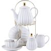 Porcelain Tea Set- 8 OZ White Coffee Cup/Teacup, Saucer, Spoons, Teapot and Creamer set, 17-Pieces Teaware Sets