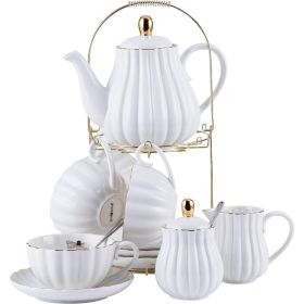 Porcelain Tea Set- 8 OZ White Coffee Cup/Teacup, Saucer, Spoons, Teapot and Creamer set, 17-Pieces Teaware Sets (Color: White, Kit Type: Serve of 4)