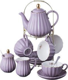 Porcelain Tea Set- 8 OZ White Coffee Cup/Teacup, Saucer, Spoons, Teapot and Creamer set, 17-Pieces Teaware Sets (Color: Purple, Kit Type: Serve of 4)