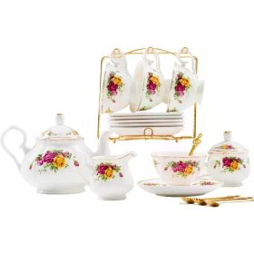 22-Pieces Porcelain Tea Set,Vintage Floral Tea Gift Sets,Cups& Saucer Service for 6, with Spoons,Teapot,Sugar Bowl,Creamer (Color: Rose Flowers Set)