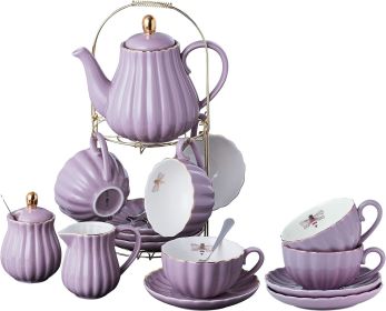 Fine China Pink Coffee Cup/Teacup Set, 8 OZ Cups& Saucer Service for 4, with Teapot-Sugar Bowl-Cream Pitcher Teaspoons and (Color: Lavender)