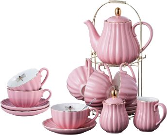 Fine China Pink Coffee Cup/Teacup Set, 8 OZ Cups& Saucer Service for 4, with Teapot-Sugar Bowl-Cream Pitcher Teaspoons and (Color: Pink)