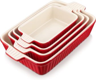 Set of 4, Porcelain Baking Pans Set for Oven, Casserole Dish, Ceramic Rectangular Baking Dish Lasagna Pans (Color: Red)