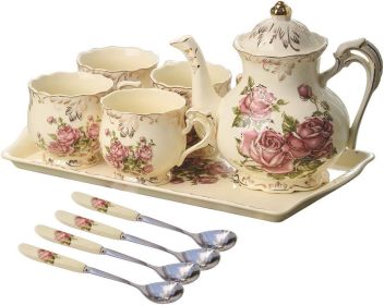 Porcelain Tea Set Vintage Rose, Tea Cups with Teapot, Serving Tray and Teaspoon Service for 4, Suitable, Teaware Sets (Color: Rose)