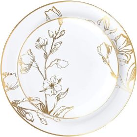 64 Piece Combo Plates Set includes 32 7'' inch Plates&32 10'' inch Plate White Plastic Floral Design Party Plates With Gold Rim (Color: Gold Floral, Plate Size: 64 Piece)