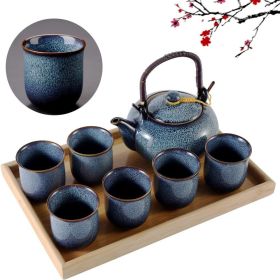 Tea Set for 6, Kiln Altered Glaze Porcelain Set with 1 Teapot, 6 Cups & 1 Tray, Unique Chinese Tea Set Teaware Sets (Color: Light Blue)