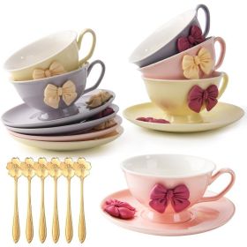 Cups and Saucers Set of 6, Coffee Mugs, Pumpkin Cups,Tea Set,18-Piece, Cup with 7.7oz, Golden Trim, Golden Spoon, Bone China (Color: 6 Bowknot)