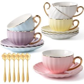 Cups and Saucers Set of 6, Coffee Mugs, Pumpkin Cups,Tea Set,18-Piece, Cup with 7.7oz, Golden Trim, Golden Spoon, Bone China (Color: 6 PumPkin)