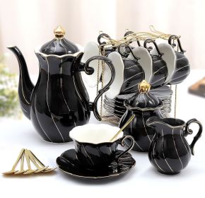 22 Pieces 6 Piece White Porcelain Tea Set With Gold Trim Luxury English Tea Party Set (with Stand) Coffeeware Teaware Tools Bar (Color: Elegant Black)