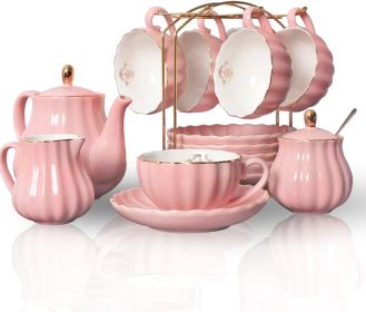 Wedding Coffeeware Teaware 8 Oz Cup & Saucer Serving 6 Servings Tea Set Sugar Bowl Teaspoon & Tea Strainer for Afternoon Tea Bar (Color: Pink)