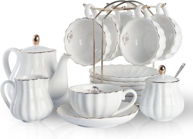 Wedding Coffeeware Teaware 8 Oz Cup & Saucer Serving 6 Servings Tea Set Sugar Bowl Teaspoon & Tea Strainer for Afternoon Tea Bar (Color: White)