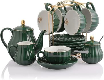 Wedding Coffeeware Teaware 8 Oz Cup & Saucer Serving 6 Servings Tea Set Sugar Bowl Teaspoon & Tea Strainer for Afternoon Tea Bar (Color: Dark Green)