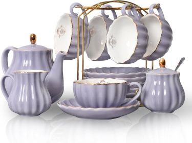 Wedding Coffeeware Teaware 8 Oz Cup & Saucer Serving 6 Servings Tea Set Sugar Bowl Teaspoon & Tea Strainer for Afternoon Tea Bar (Color: Purple)