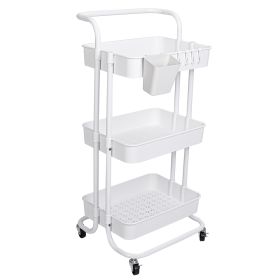 3 Tier Rolling Utility Cart Movable Storage Organizer with Mesh Baskets Lockable Wheels 360 Degree Rotatable Hanging Box Hooks Bedroom Bathroom Kitche (Color: White, Type: 3 Tier)