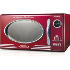 Retro Countertop Microwave Oven, 800-Watt, 0.9 cu ft - 12 Pre-Programmed Cooking Settings - Digital Clock, Kitchen Appliances (Color: Red)