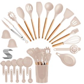 35Pcs Kitchen Cooking Utensils Set Spatula Set Baking Utensil Set Kitchen Accessories Necessities with Holder Egg Whisk Separator Tong Turner Spoons C (Color: Khaki)